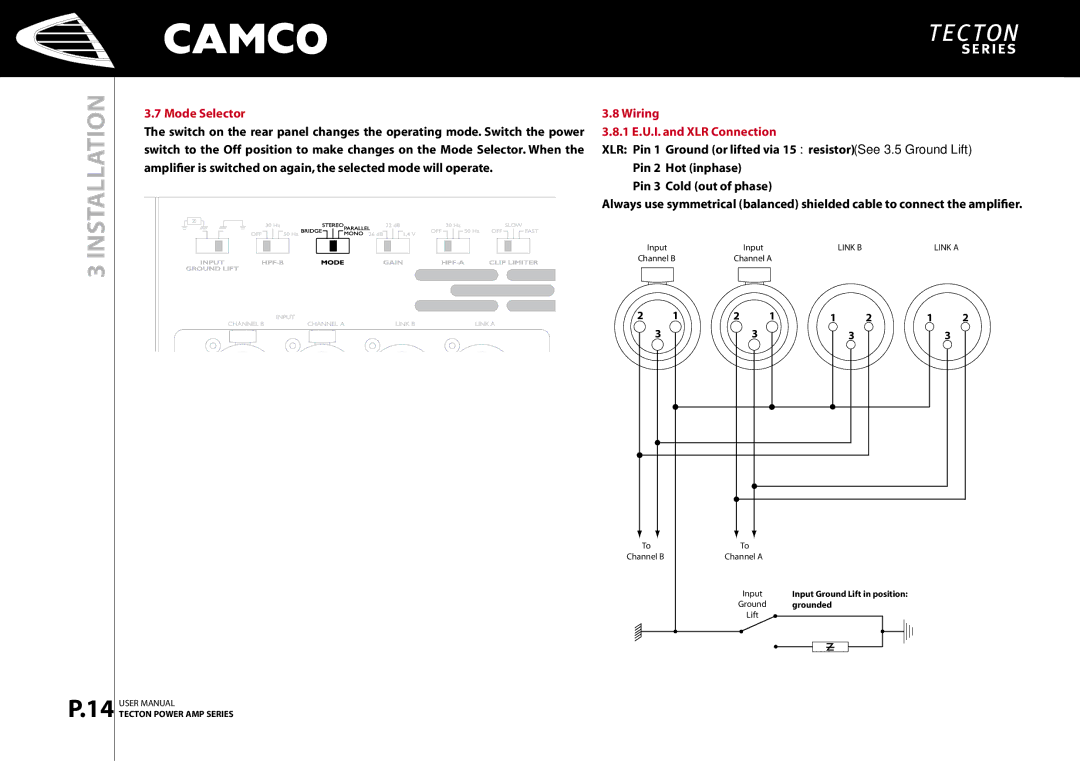 Camco P.3 Series, P.9 Series, P.5 Series, P Series, P.0 Series, P.2 Series Mode Selector, Wiring 1 E.U.I. and XLR Connection 