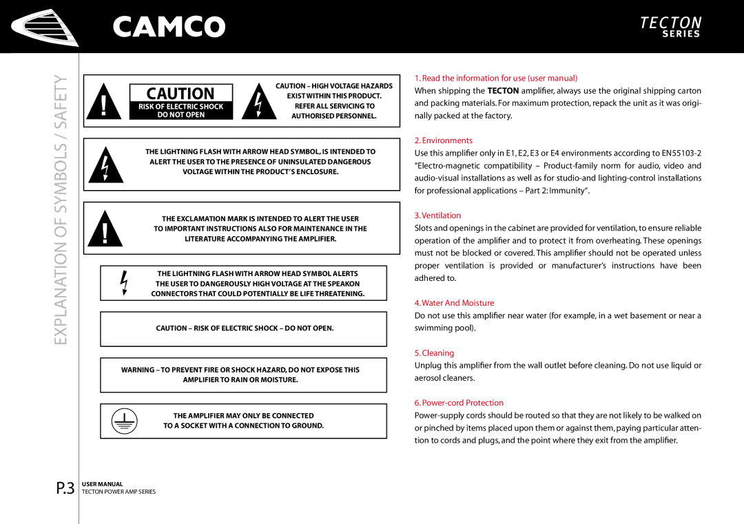 Camco P.7 Series, P.9 Series, P.5 Series, P Series, P.0 Series, P.2 Series, P.3 Series manual Explanation of Symbols / Safety 