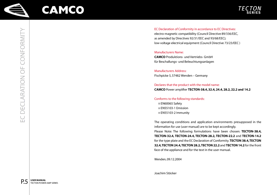 Camco P.4 Series, P.9 Series, P.5 Series, P Series EC Declaration of Conformity, Manufacturers Name, Manufacturers Address 