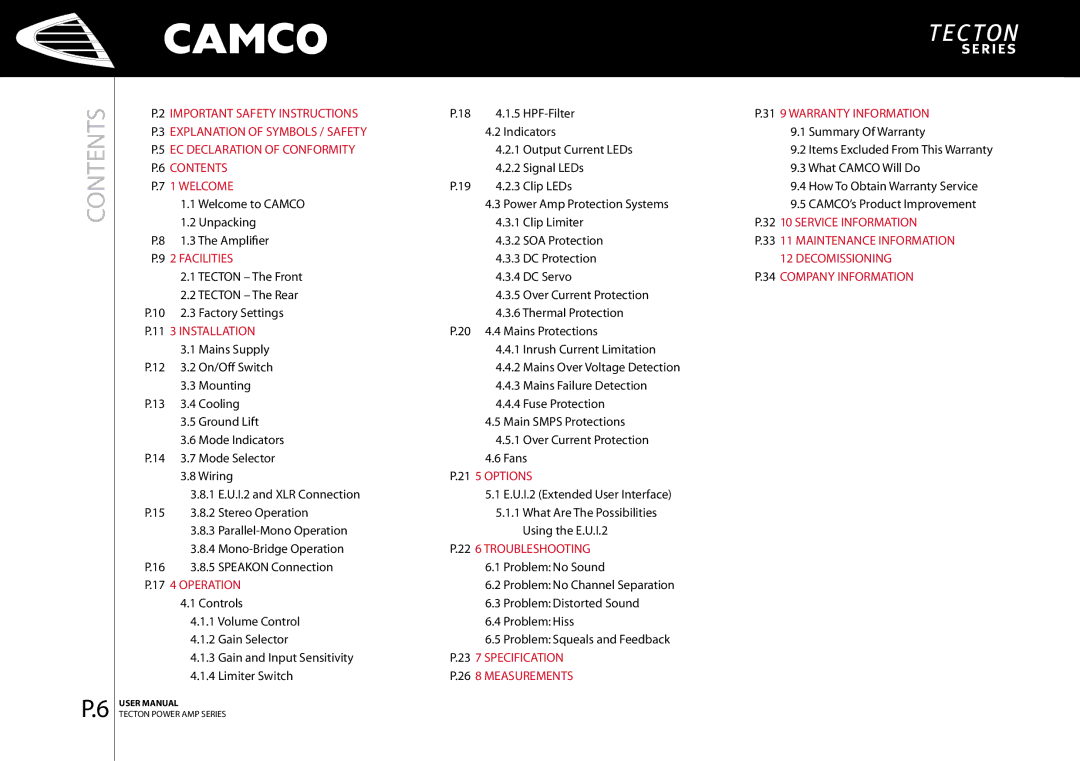 Camco P.8 Series, P.9 Series, P.5 Series, P Series, P.0 Series, P.2 Series, P.7 Series, P.3 Series, P.4 Series manual Contents 