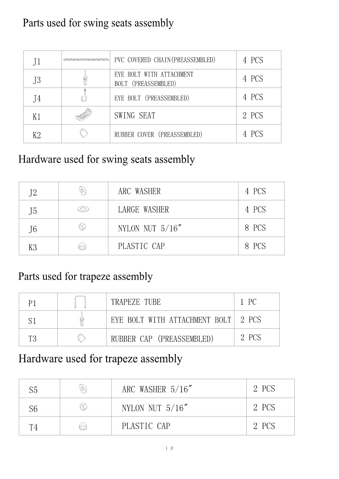 Camerons Products MSC-2769-SLD owner manual Parts used for swing seats assembly 