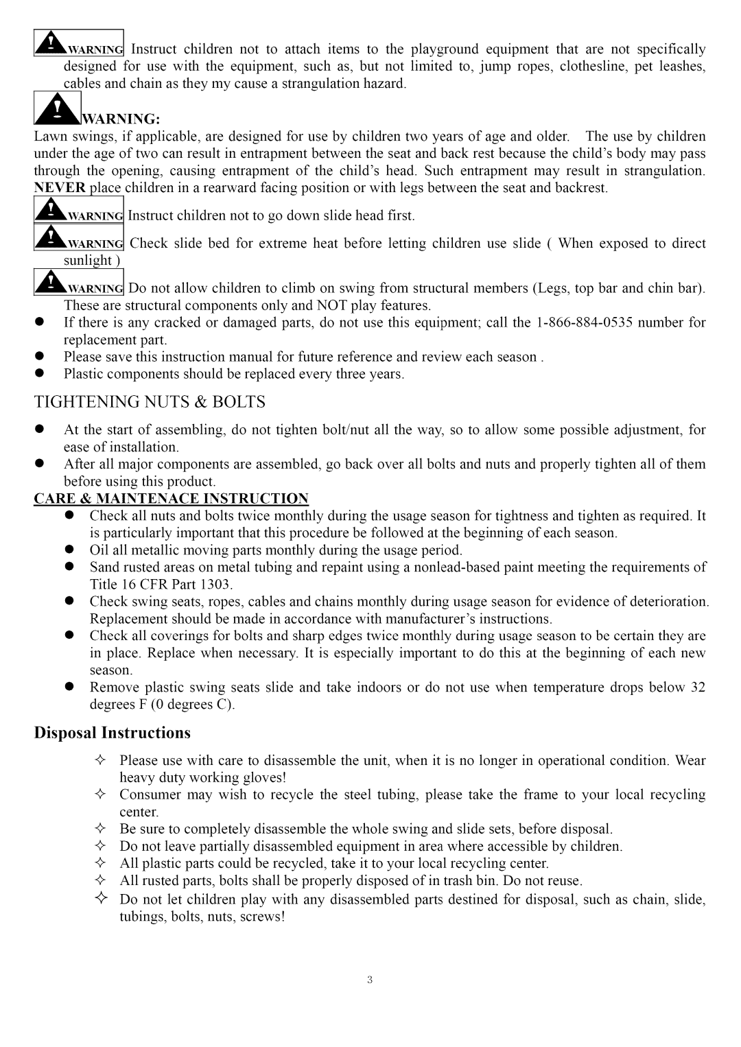 Camerons Products MSC-2769-SLD owner manual Tightening Nuts & Bolts 