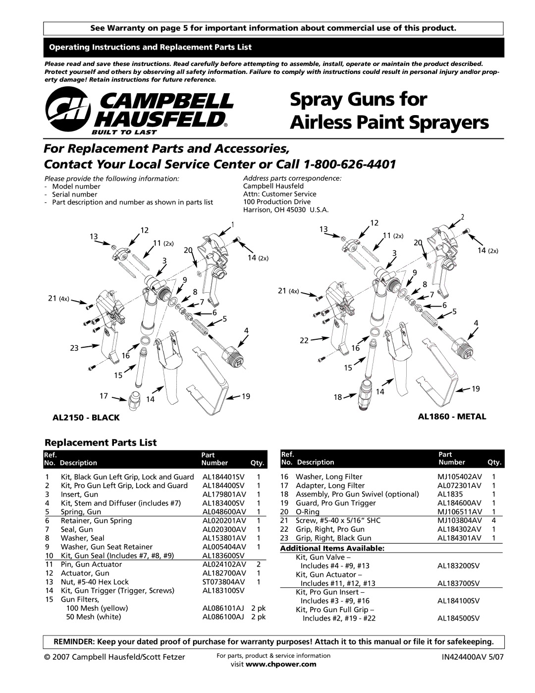 Campbell Hausfeld AL2150 - BLACK, AL1860 - METAL operating instructions Replacement Parts List 