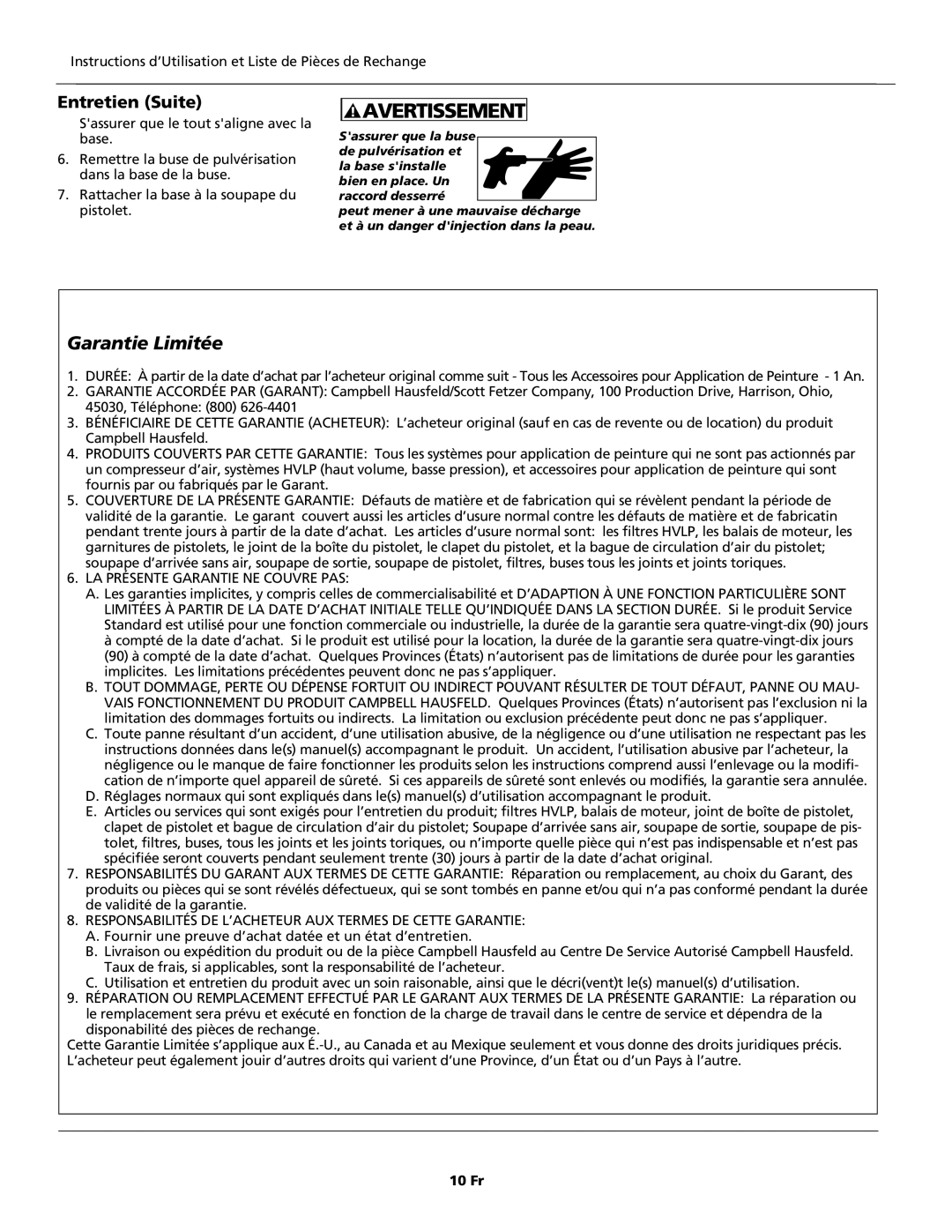 Campbell Hausfeld AL1860 - METAL, AL2150 - BLACK operating instructions Entretien Suite, LA Présente Garantie NE Couvre PAS 