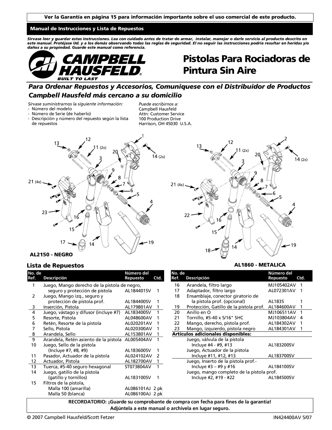 Campbell Hausfeld AL2150 - BLACK, AL1860 - METAL operating instructions Manual de Instrucciones y Lista de Repuestos 