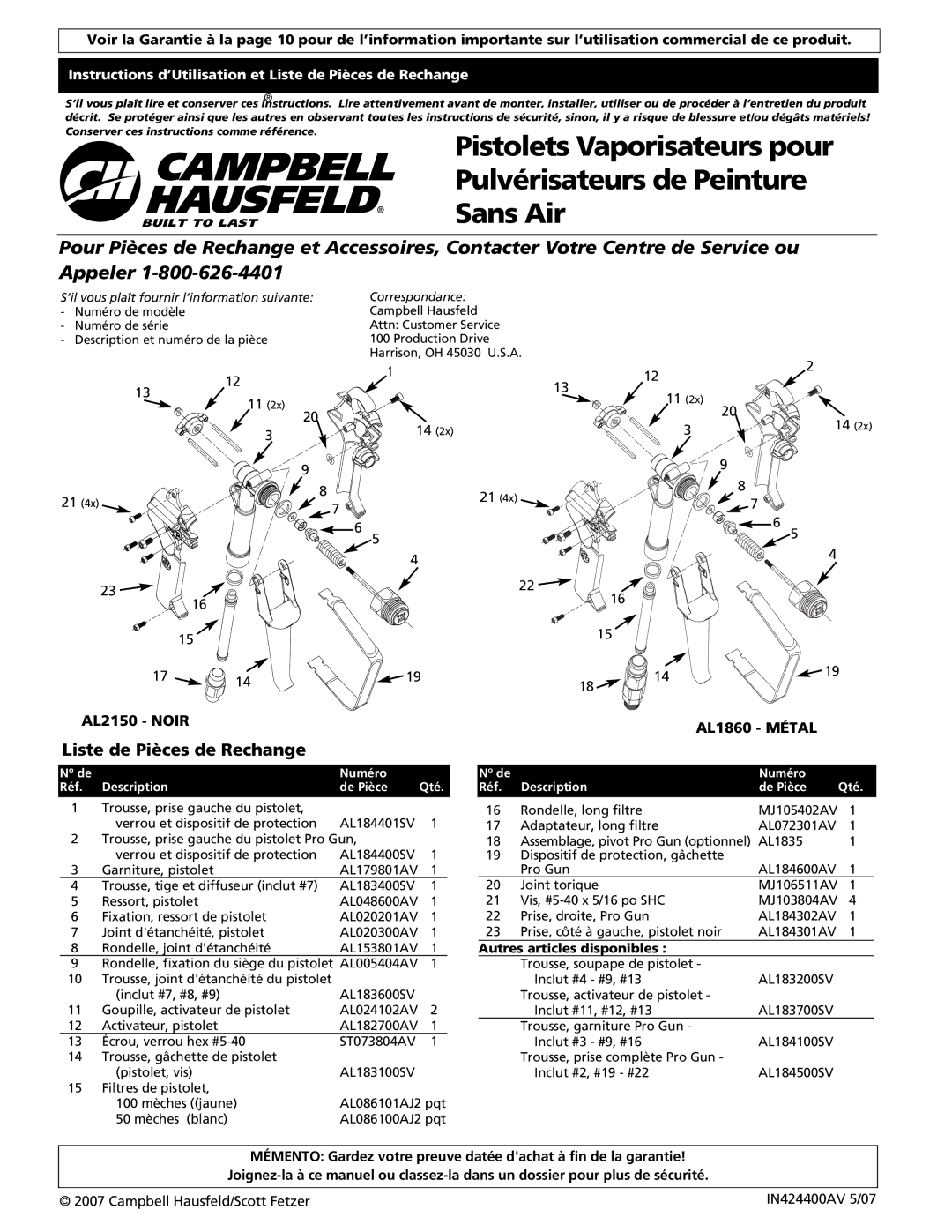 Campbell Hausfeld AL1860 - METAL, AL2150 - BLACK Instructions d’Utilisation et Liste de Pièces de Rechange 