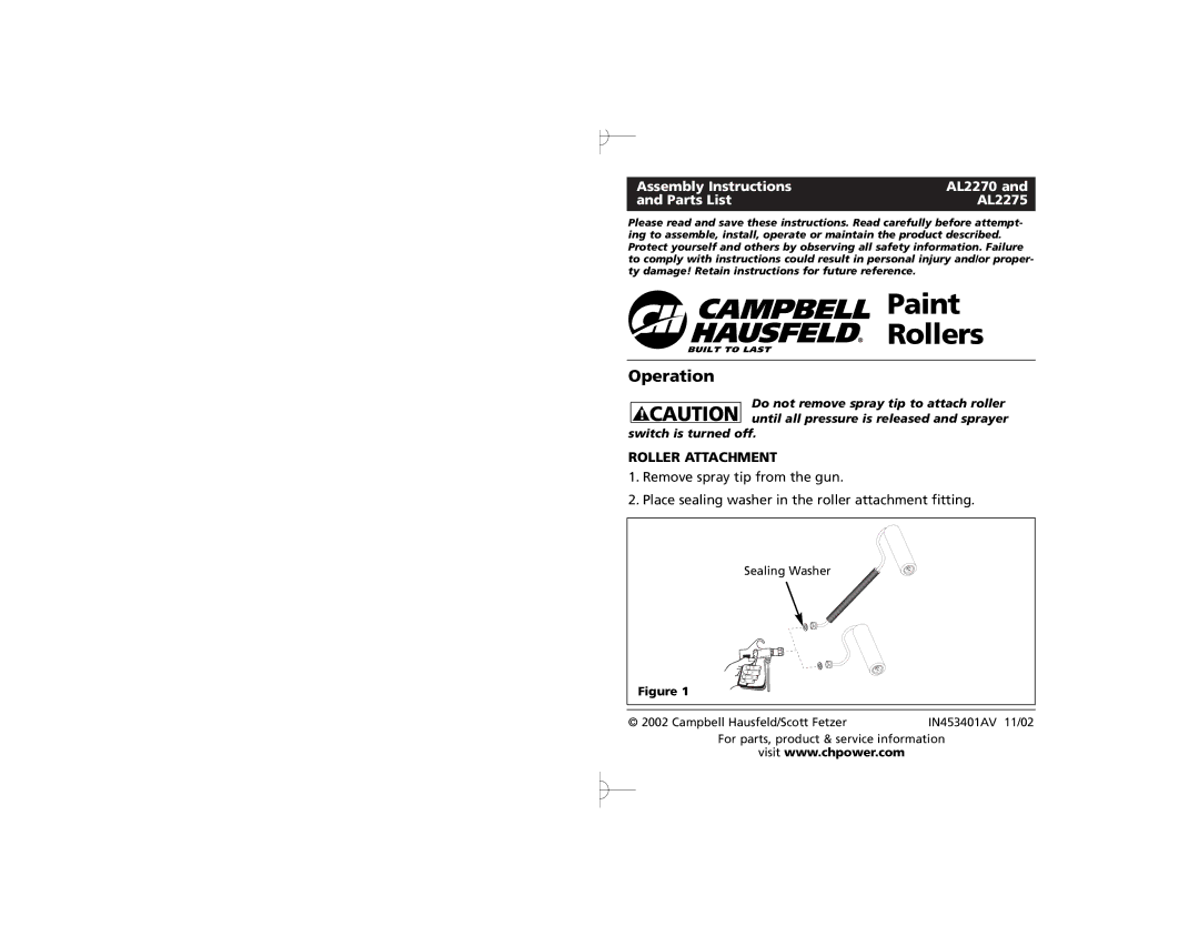 Campbell Hausfeld manual Operation, Assembly Instructions AL2270 Parts List AL2275, Roller Attachment 