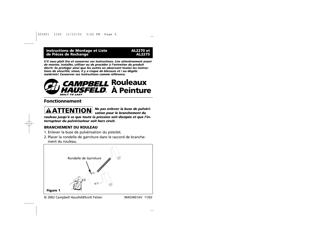 Campbell Hausfeld AL2270, AL2275 manual Ne pas enlever la buse de pulvéri 