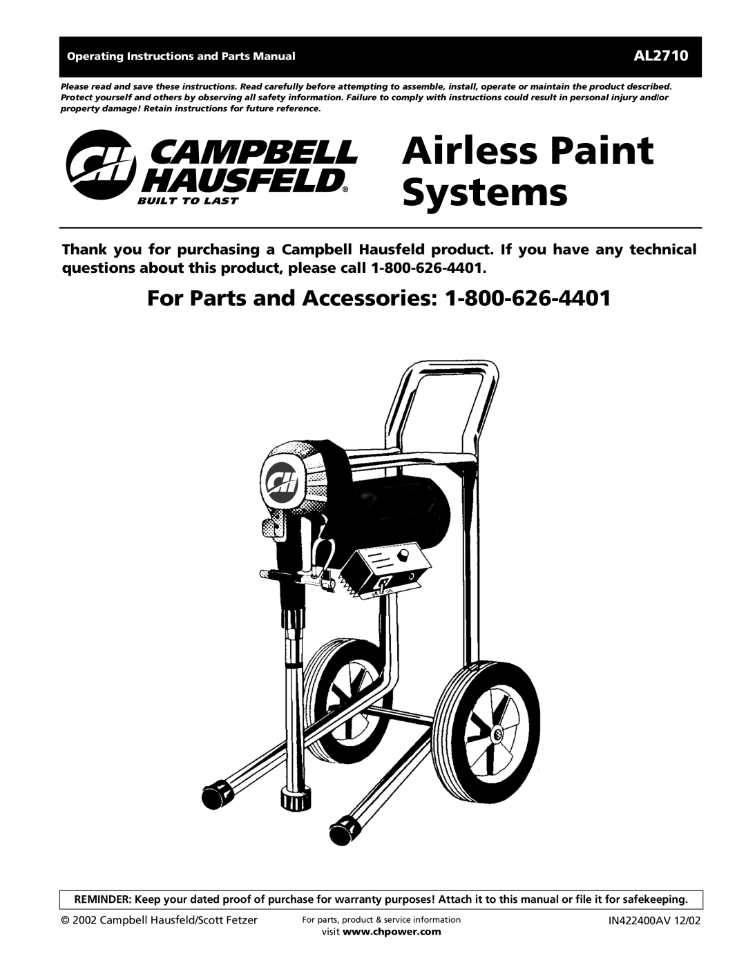 Campbell Hausfeld AL2710 operating instructions Operating Instructions and Parts Manual 