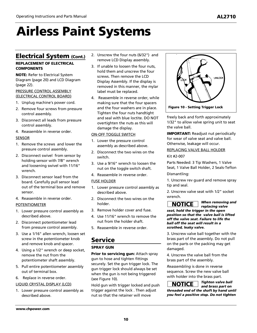 Campbell Hausfeld AL2710 operating instructions Service, Replacement of Electrical Components, Spray GUN 