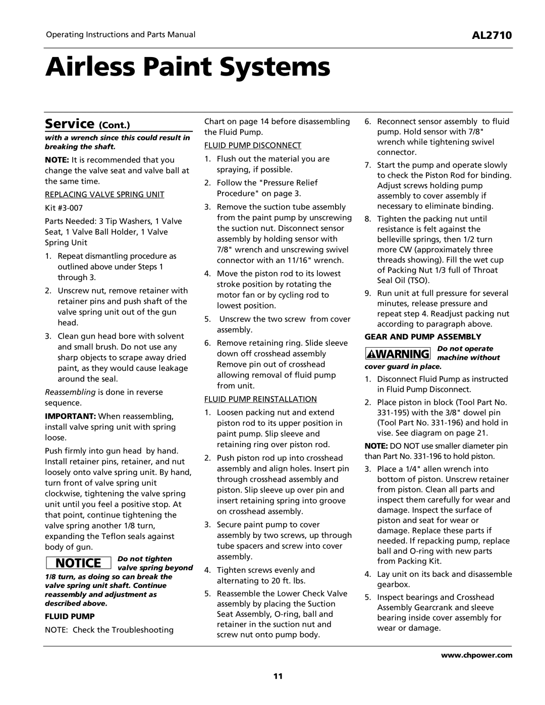 Campbell Hausfeld AL2710 Replacing Valve Spring Unit, Fluid Pump Disconnect, Fluid Pump Reinstallation 