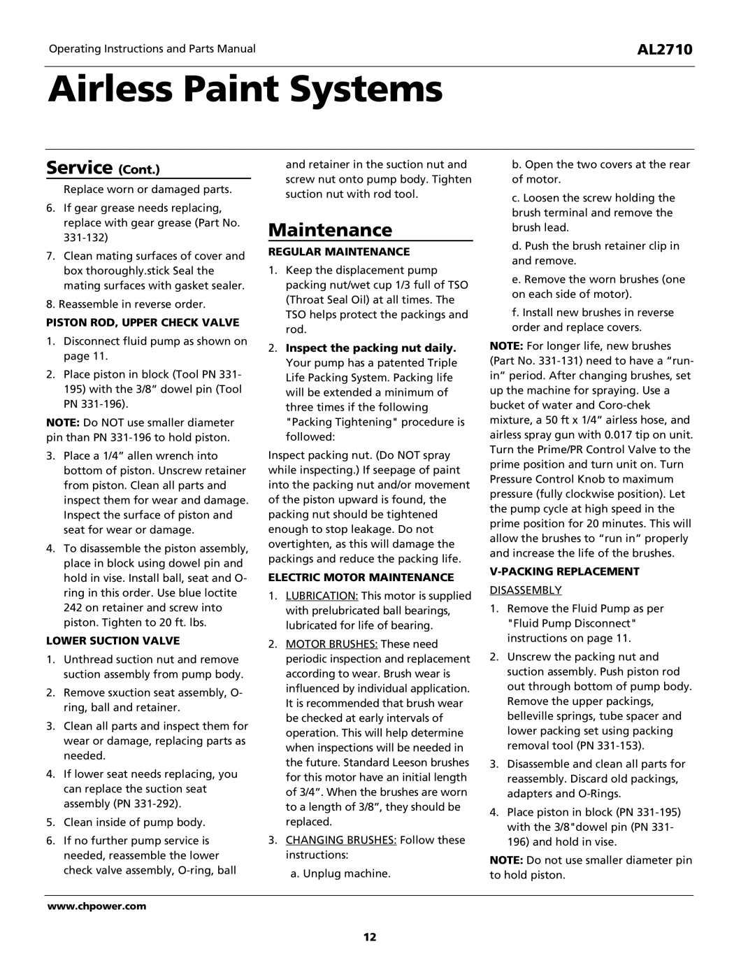 Campbell Hausfeld AL2710 operating instructions Maintenance 