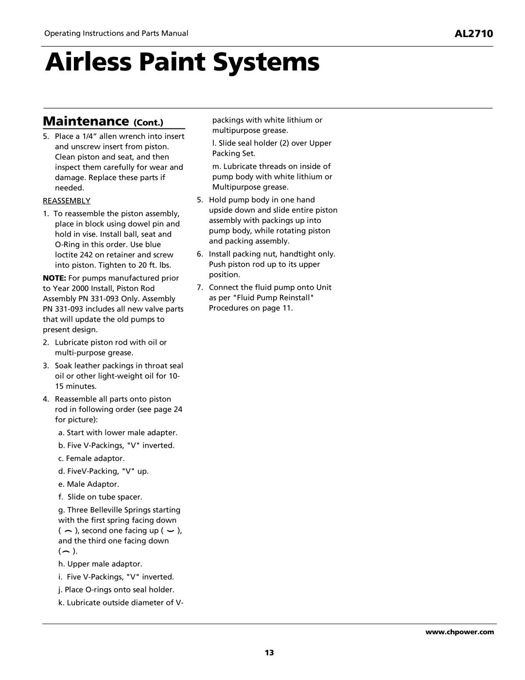 Campbell Hausfeld AL2710 operating instructions Reassembly 