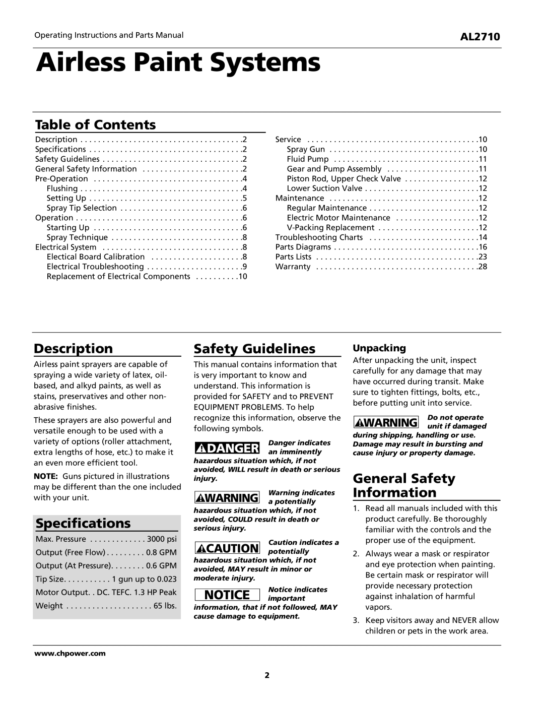 Campbell Hausfeld AL2710 Table of Contents, Description, Specifications, Safety Guidelines, General Safety Information 