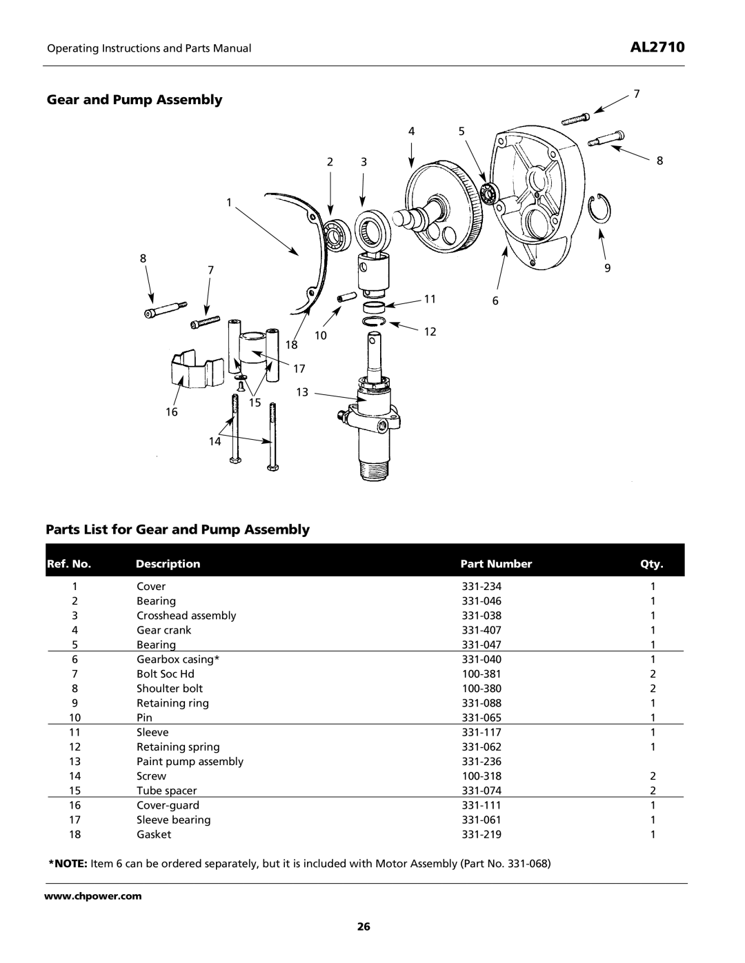 Campbell Hausfeld AL2710 operating instructions Gear and Pump Assembly Parts List for Gear and Pump Assembly 