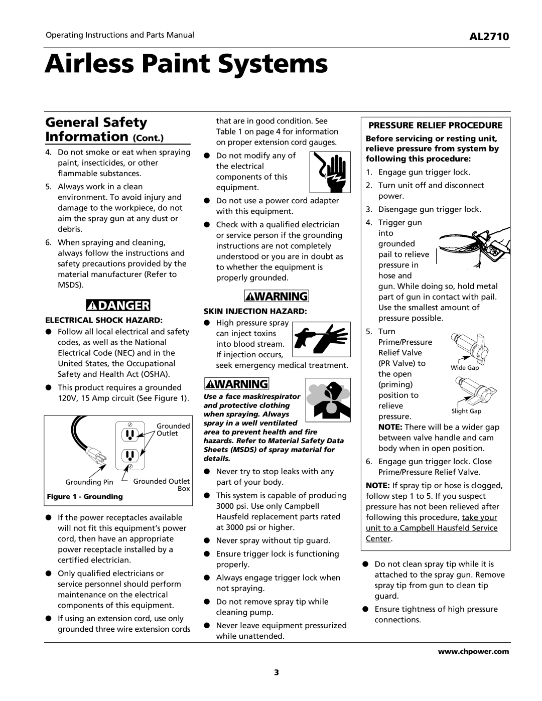 Campbell Hausfeld AL2710 operating instructions Electrical Shock Hazard, Skin Injection Hazard 