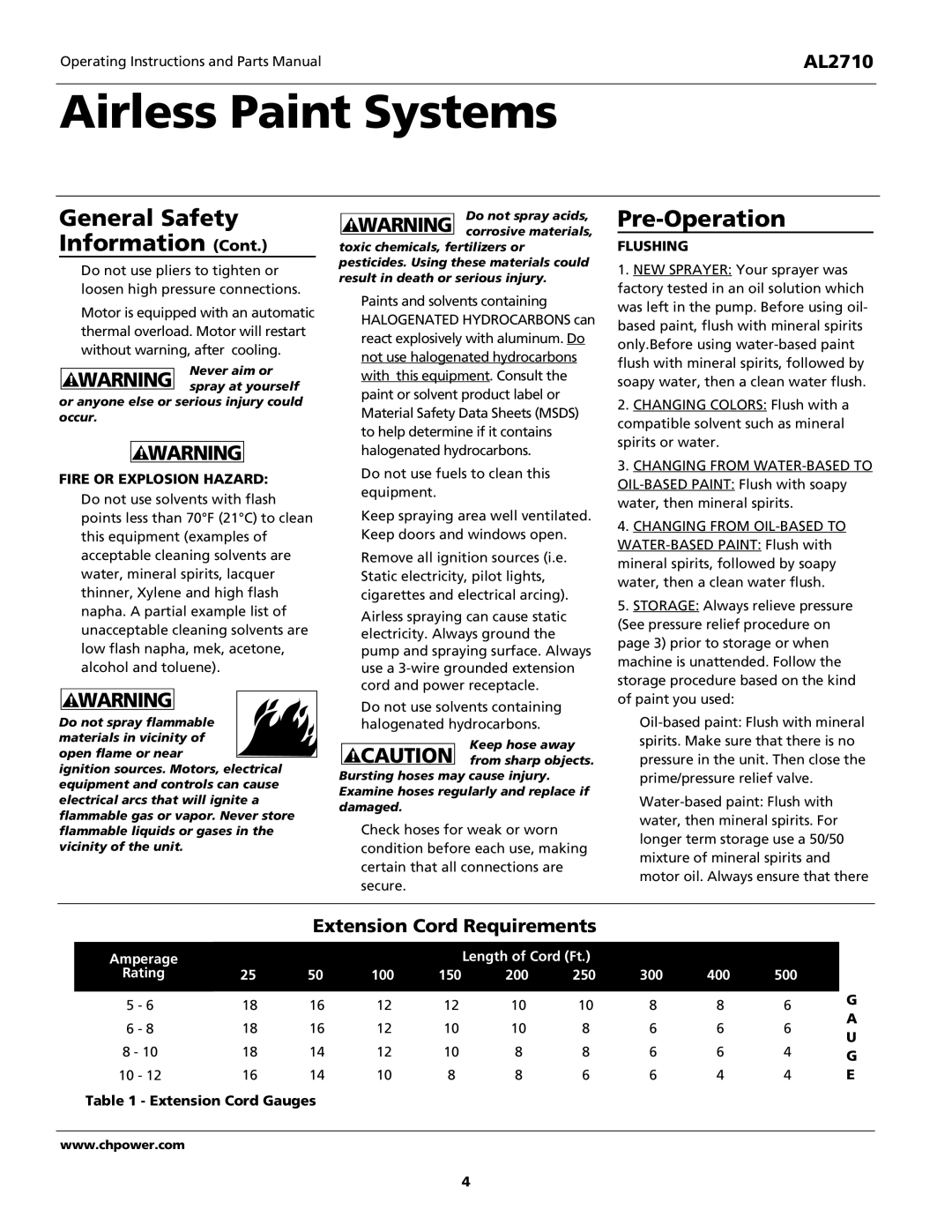 Campbell Hausfeld AL2710 Pre-Operation, Fire or Explosion Hazard, Flushing, Amperage Length of Cord Ft Rating, 150 200 250 