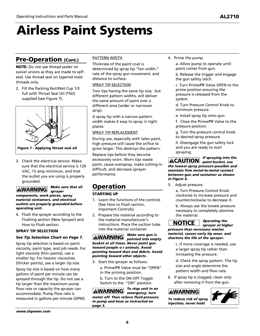 Campbell Hausfeld AL2710 operating instructions Operation, Starting UP, Spray TIP Selection 