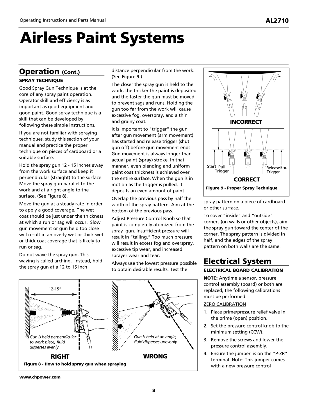 Campbell Hausfeld AL2710 Electrical System, Spray Technique, Electrical Board Calibration, Zero Calibration 