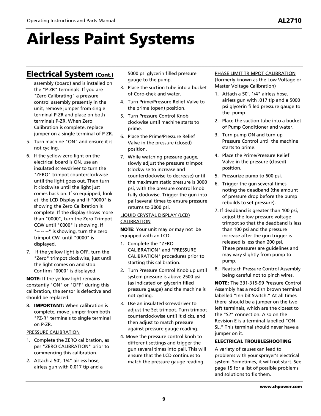 Campbell Hausfeld AL2710 Pressure Calibration, Liquid Crystal Display LCD Calibration, Electrical Troubleshooting 