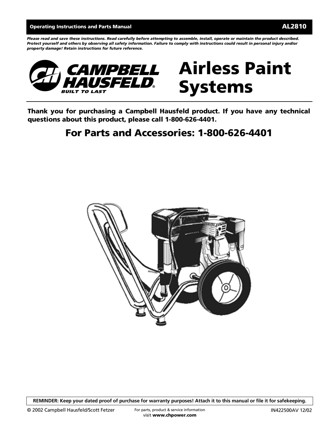 Campbell Hausfeld AL2810 operating instructions Operating Instructions and Parts Manual 