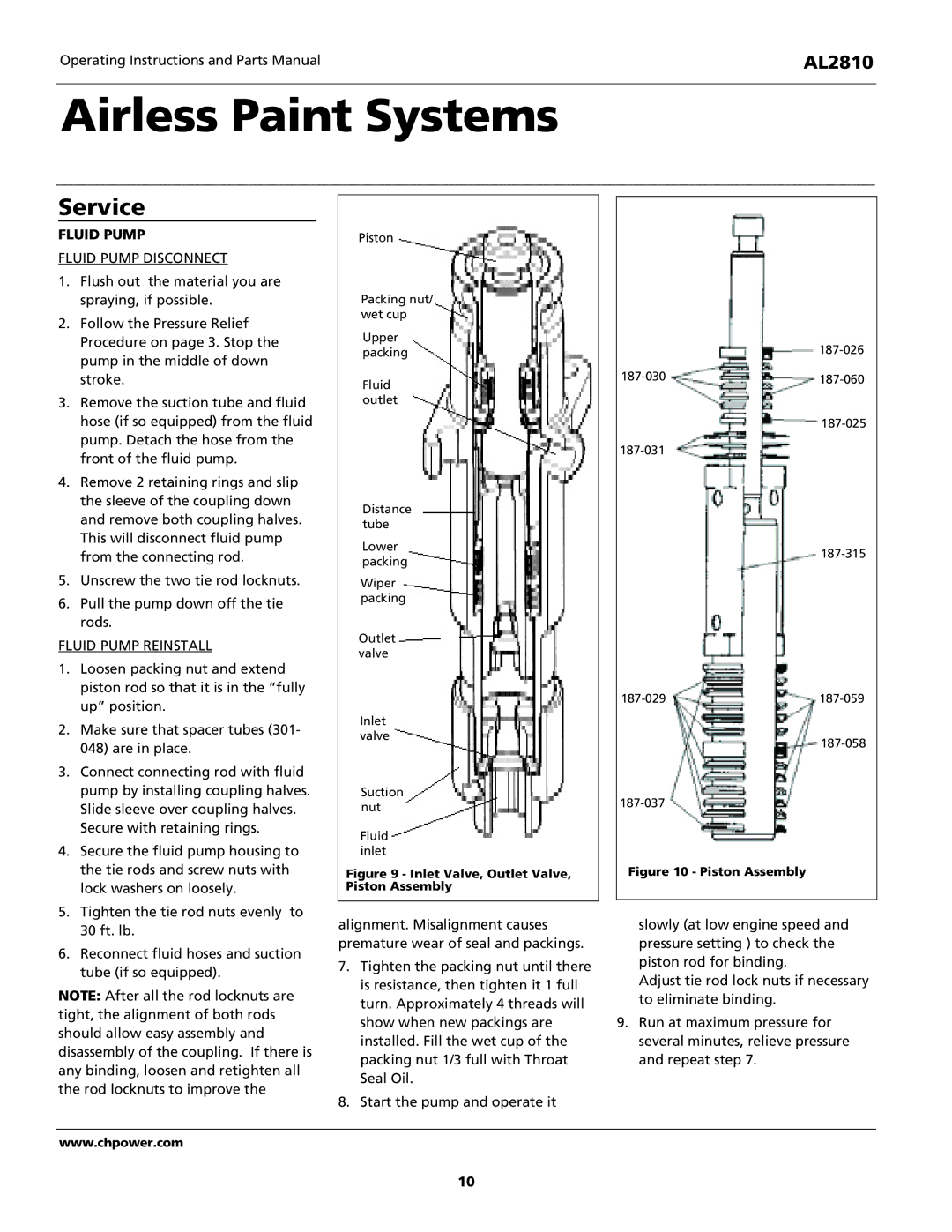 Campbell Hausfeld AL2810 operating instructions Service, Fluid Pump Disconnect, Fluid Pump Reinstall 