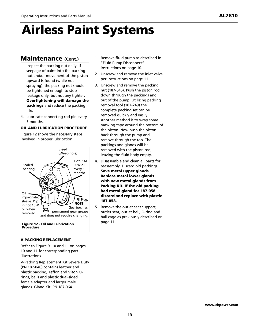 Campbell Hausfeld AL2810 operating instructions OIL and Lubrication Procedure, Packing Replacement 