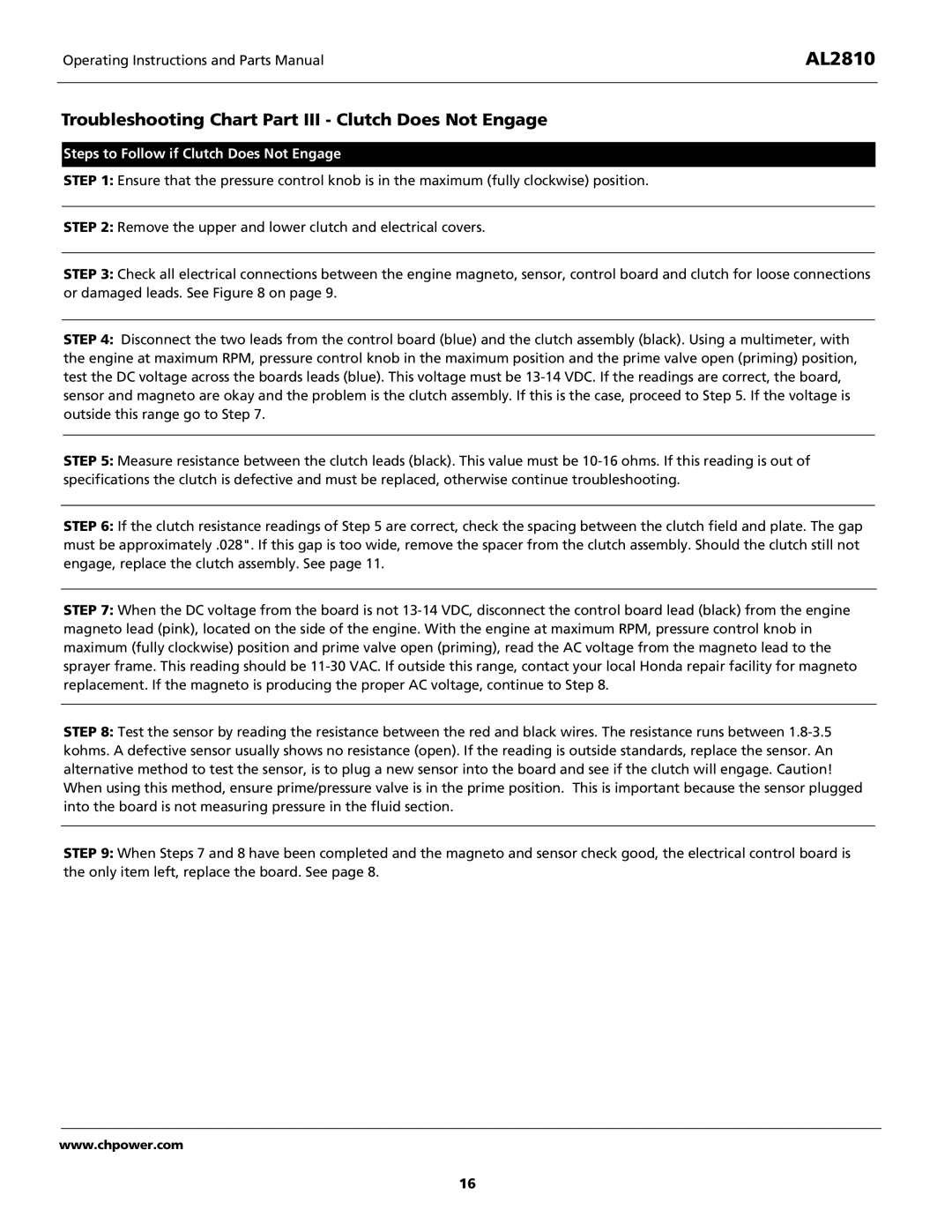 Campbell Hausfeld AL2810 Troubleshooting Chart Part III Clutch Does Not Engage, Steps to Follow if Clutch Does Not Engage 