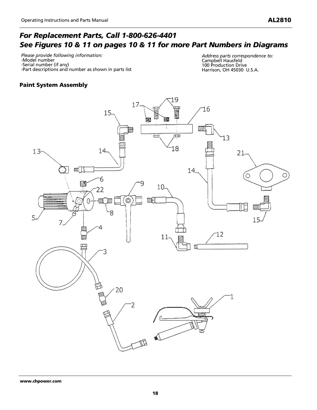 Campbell Hausfeld AL2810 operating instructions Paint System Assembly 