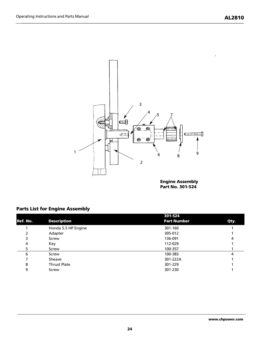 Campbell Hausfeld AL2810 operating instructions Parts List for Engine Assembly, 301-524 Ref. No Description Part Number Qty 