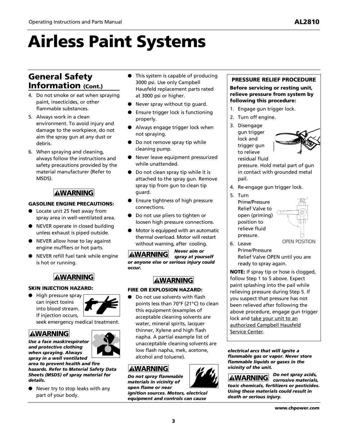 Campbell Hausfeld AL2810 operating instructions General Safety, Msds, Gasoline Engine Precautions, Skin Injection Hazard 