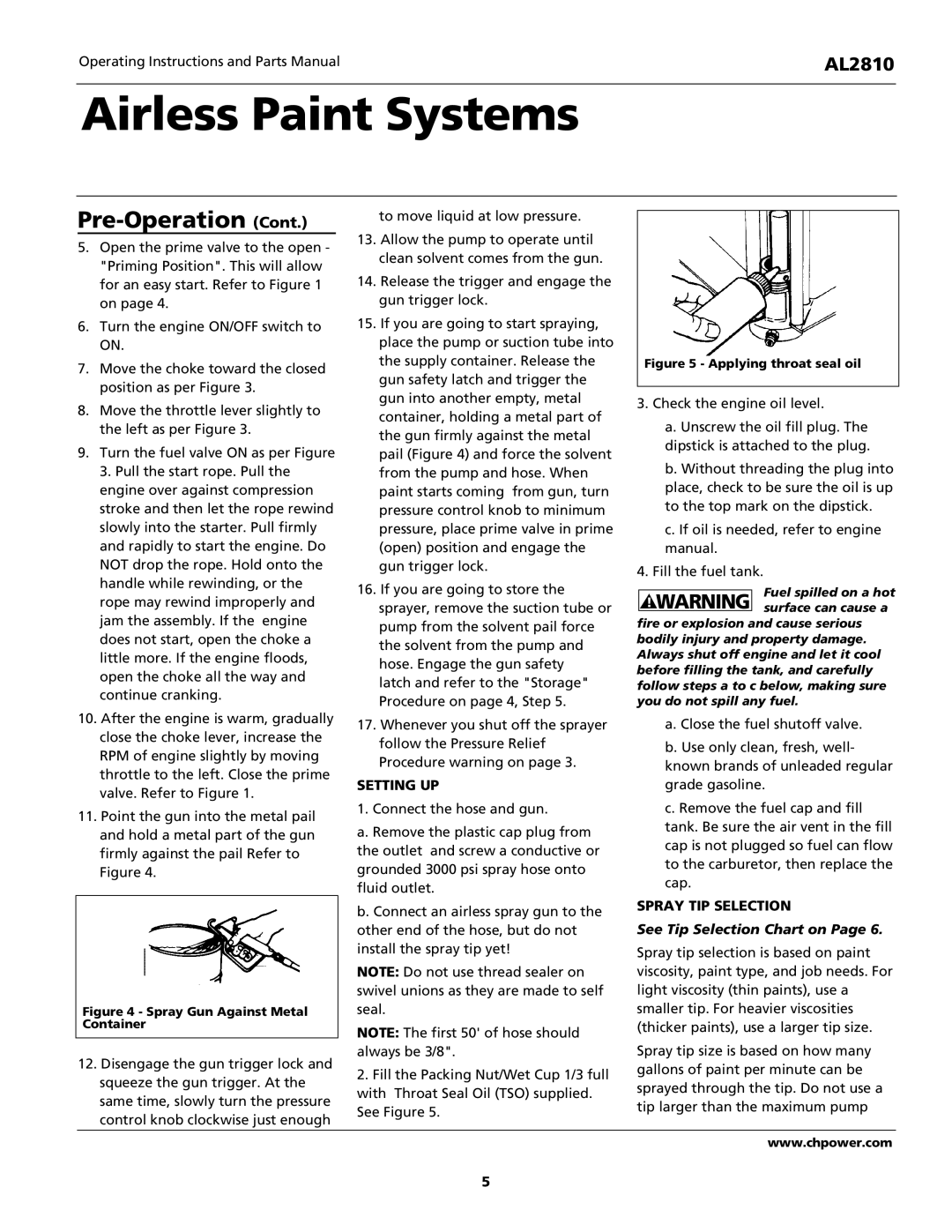 Campbell Hausfeld AL2810 operating instructions Setting UP, Spray TIP Selection 