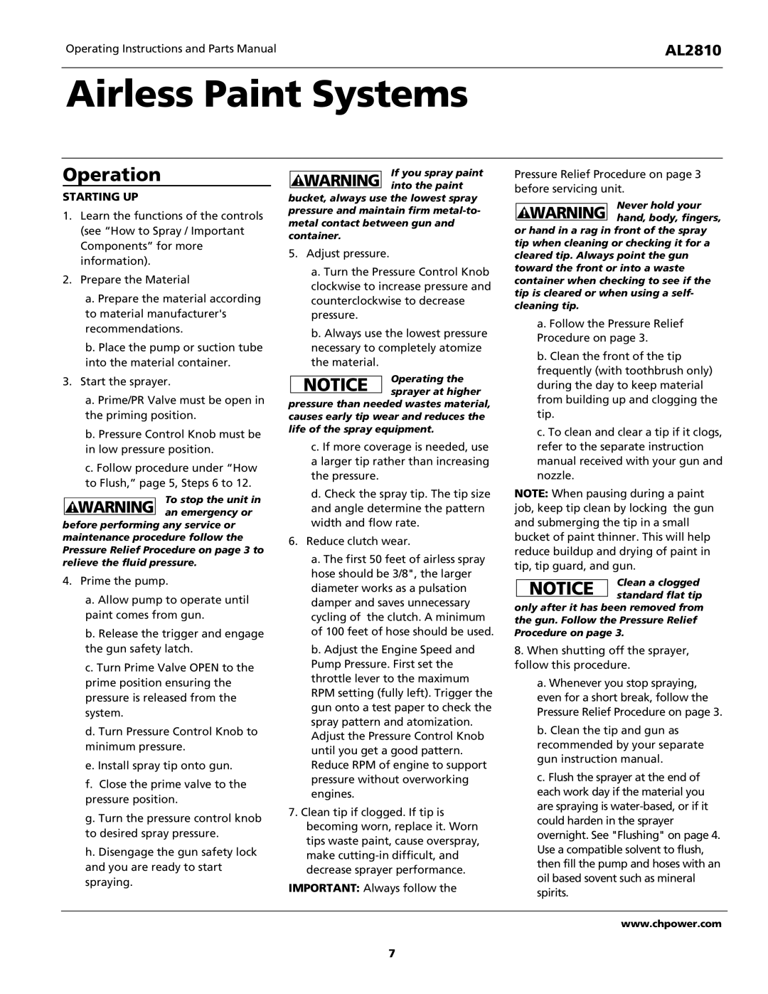 Campbell Hausfeld AL2810 operating instructions Operation, Starting UP 