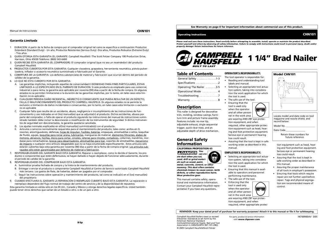 Campbell Hausfeld CHN101 specifications Table of Contents, Description, General Safety Information 