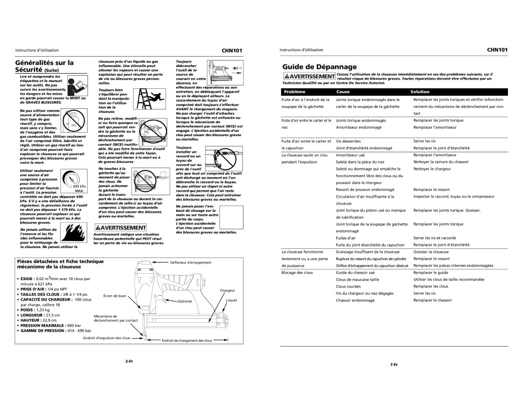 Campbell Hausfeld CHN101 specifications Guide de Dépannage, Généralités sur la Sécurité Suite, Problème Cause Solution 