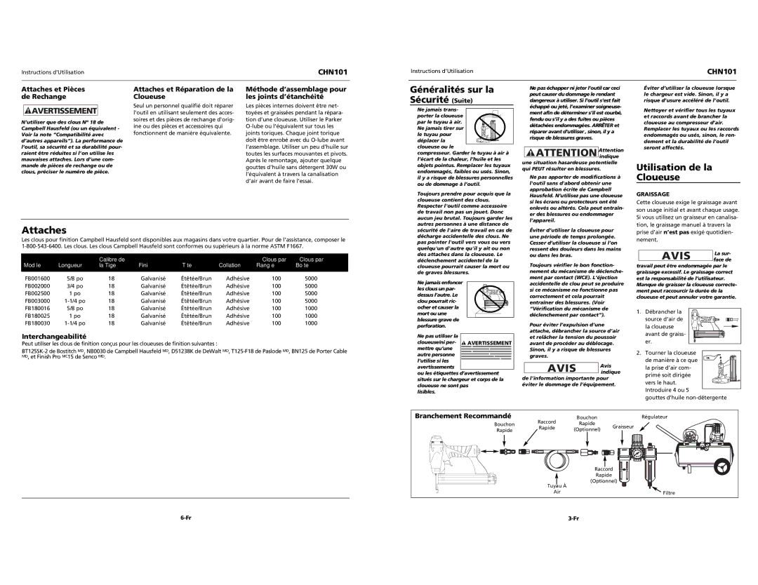 Campbell Hausfeld CHN101 specifications Attaches, Utilisation de la Cloueuse 