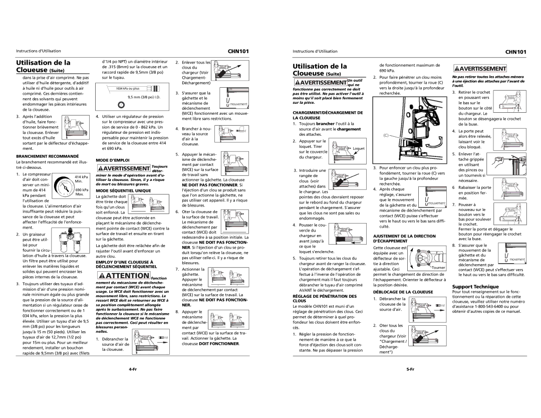 Campbell Hausfeld CHN101 specifications Utilisation de la Cloueuse Suite, Support Technique 