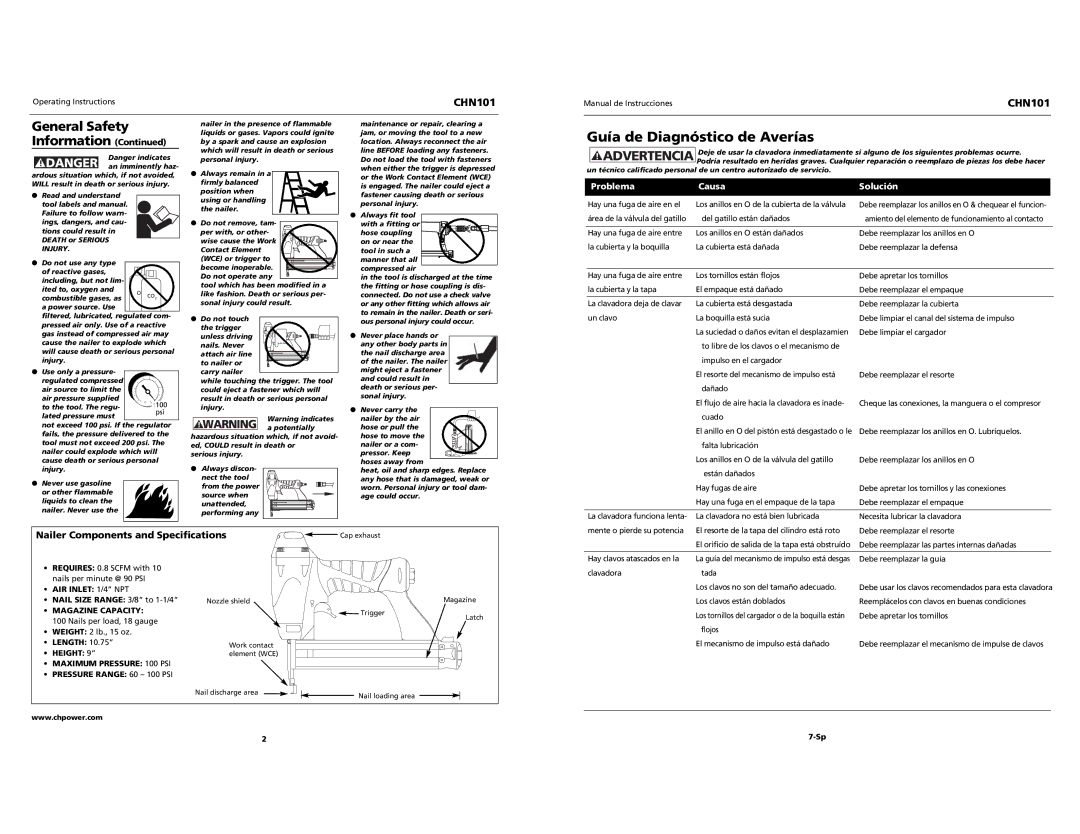 Campbell Hausfeld CHN101 Guía de Diagnóstico de Averías, Nailer Components and Specifications, Problema Causa Solución 