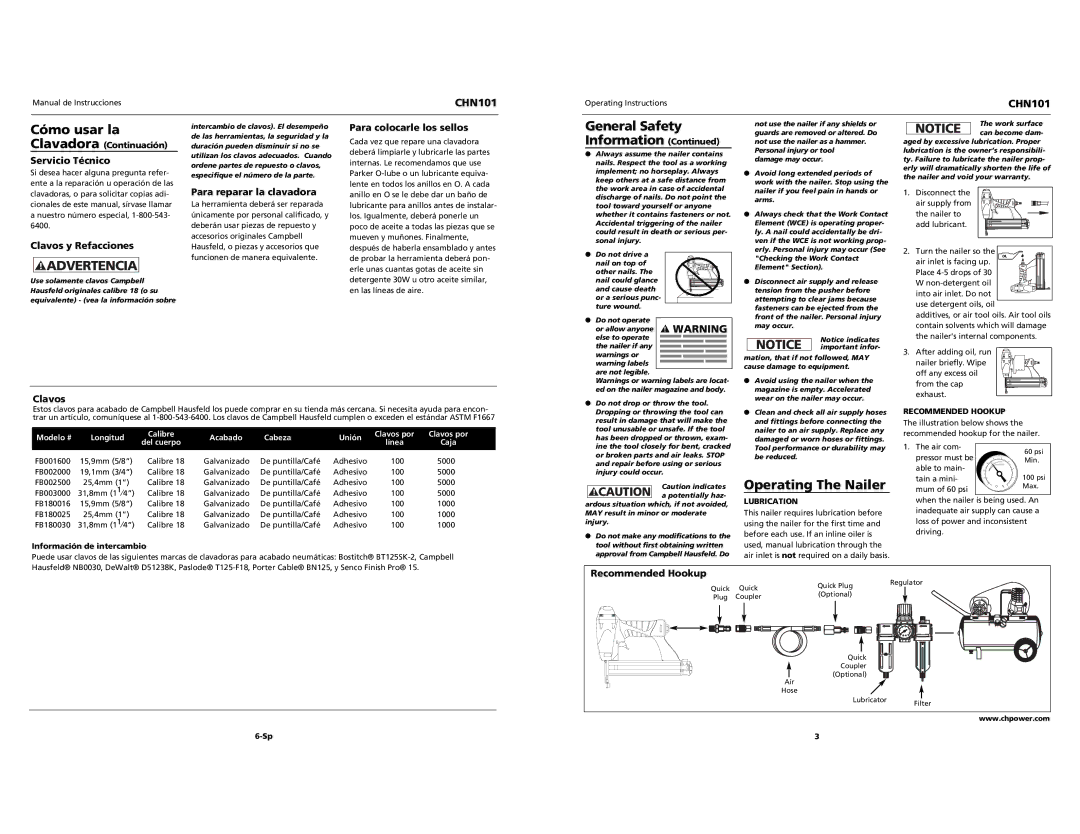 Campbell Hausfeld CHN101 specifications Cómo usar la, Operating The Nailer 