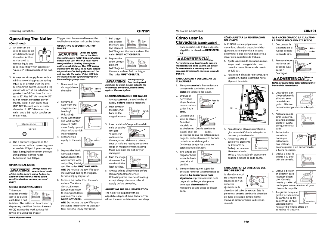 Campbell Hausfeld CHN101 specifications Advertencia Si no se 