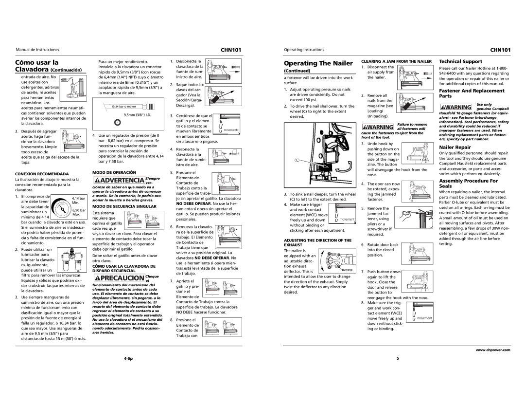 Campbell Hausfeld CHN101 Advertencia Siemprecer, Technical Support, Fastener And Replacement Parts, Nailer Repair 