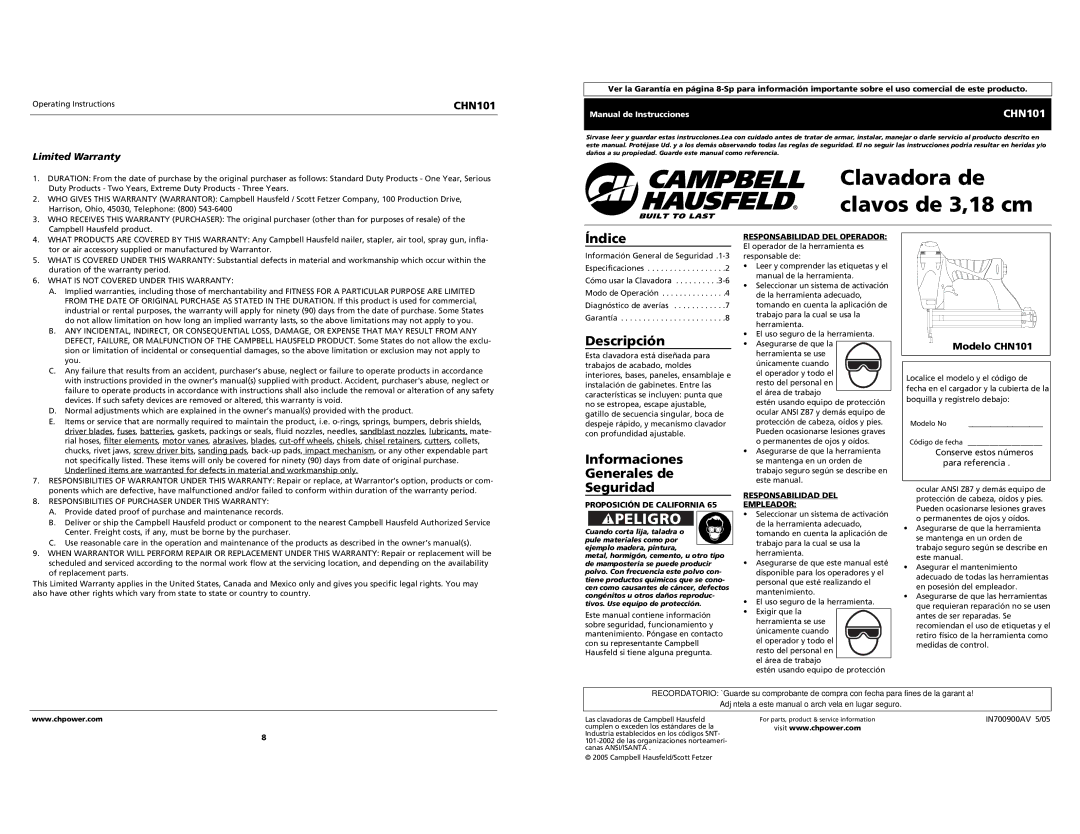 Campbell Hausfeld Índice, Descripción, Informaciones Generales de Seguridad, Limited Warranty, Modelo CHN101 