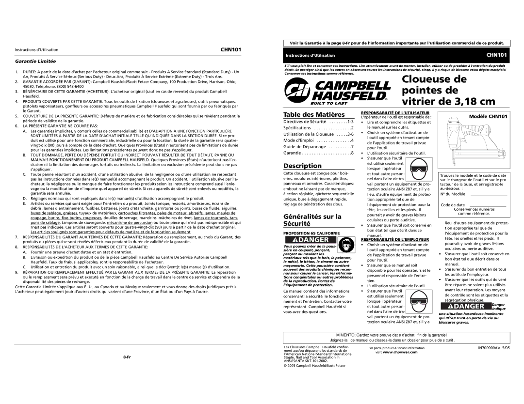 Campbell Hausfeld specifications Table des Matières, Généralités sur la Sécurité, Garantie Limitée, Modèle CHN101 