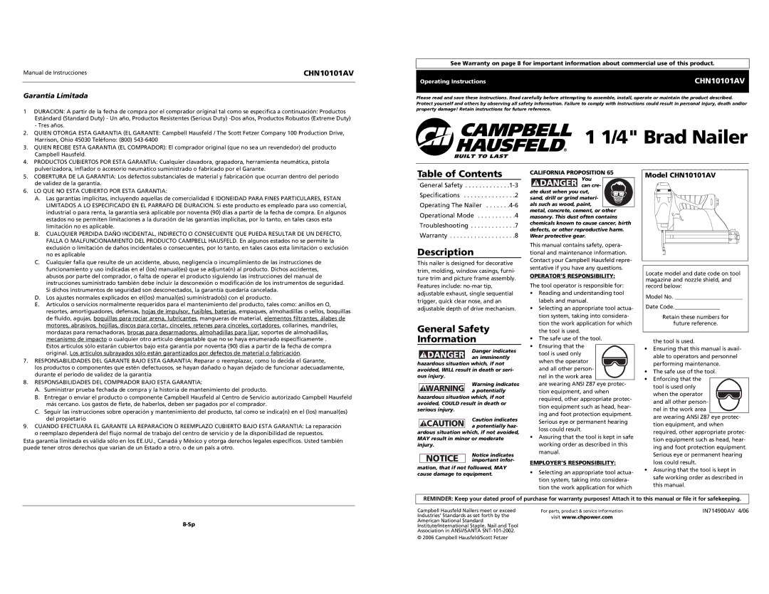 Campbell Hausfeld CHN10101AV specifications Table of Contents, Description, General Safety Information 