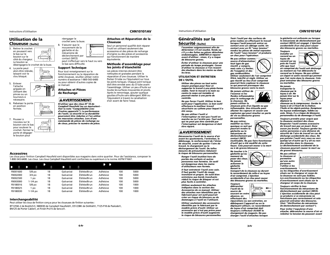 Campbell Hausfeld CHN10101AV specifications Utilisation de la Cloueuse Suite 