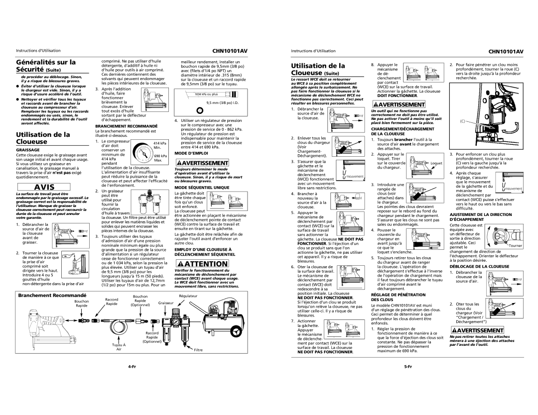 Campbell Hausfeld CHN10101AV specifications Utilisation de la Cloueuse, Branchement Recommandé 