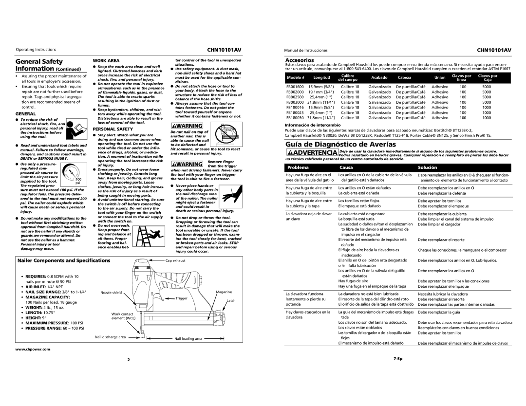 Campbell Hausfeld CHN10101AV Accesorios, Nailer Components and Specifications, General, Work Area, Personal Safety 