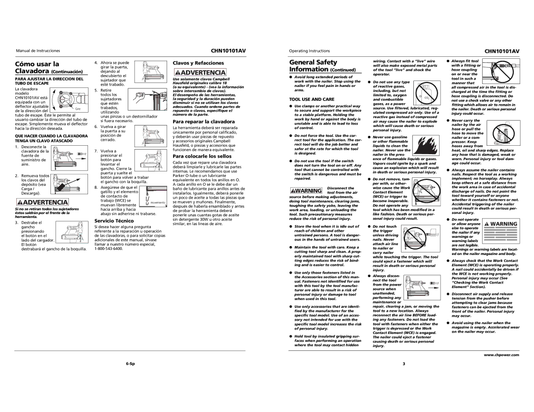 Campbell Hausfeld CHN10101AV specifications Cómo usar la, Clavos y Refacciones, Servicio Técnico, Para reparar la clavadora 