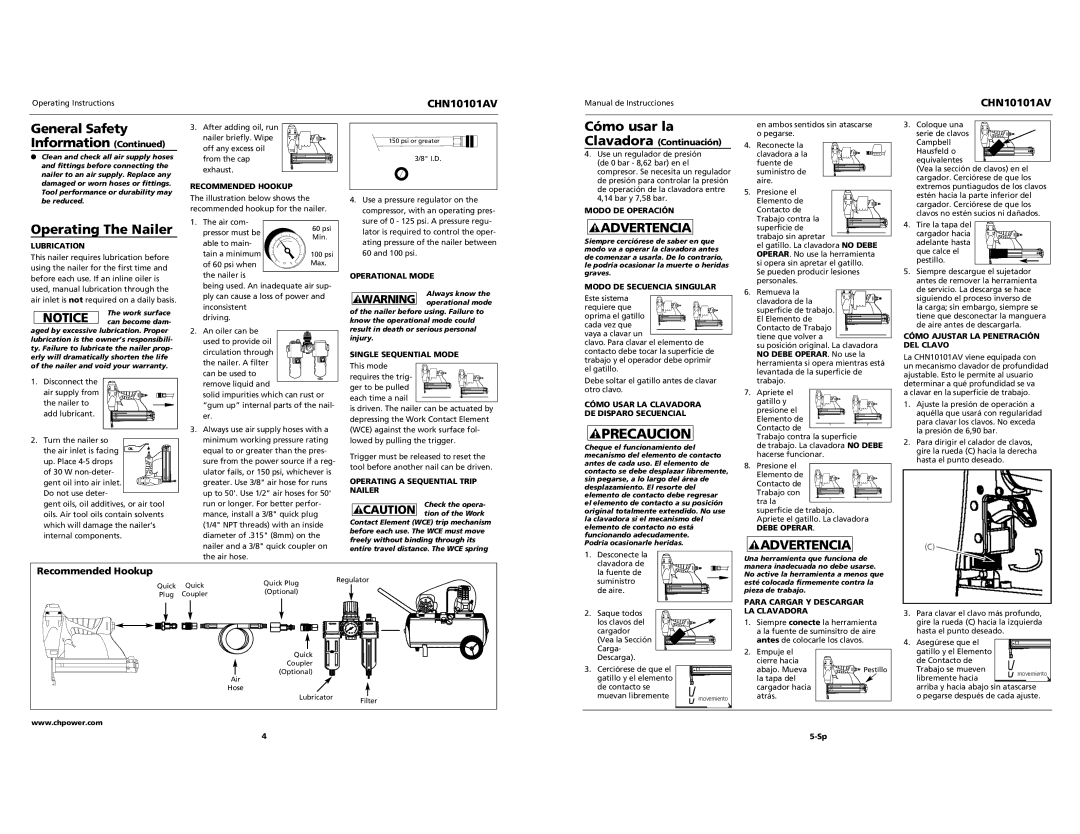 Campbell Hausfeld CHN10101AV specifications Operating The Nailer, Recommended Hookup 