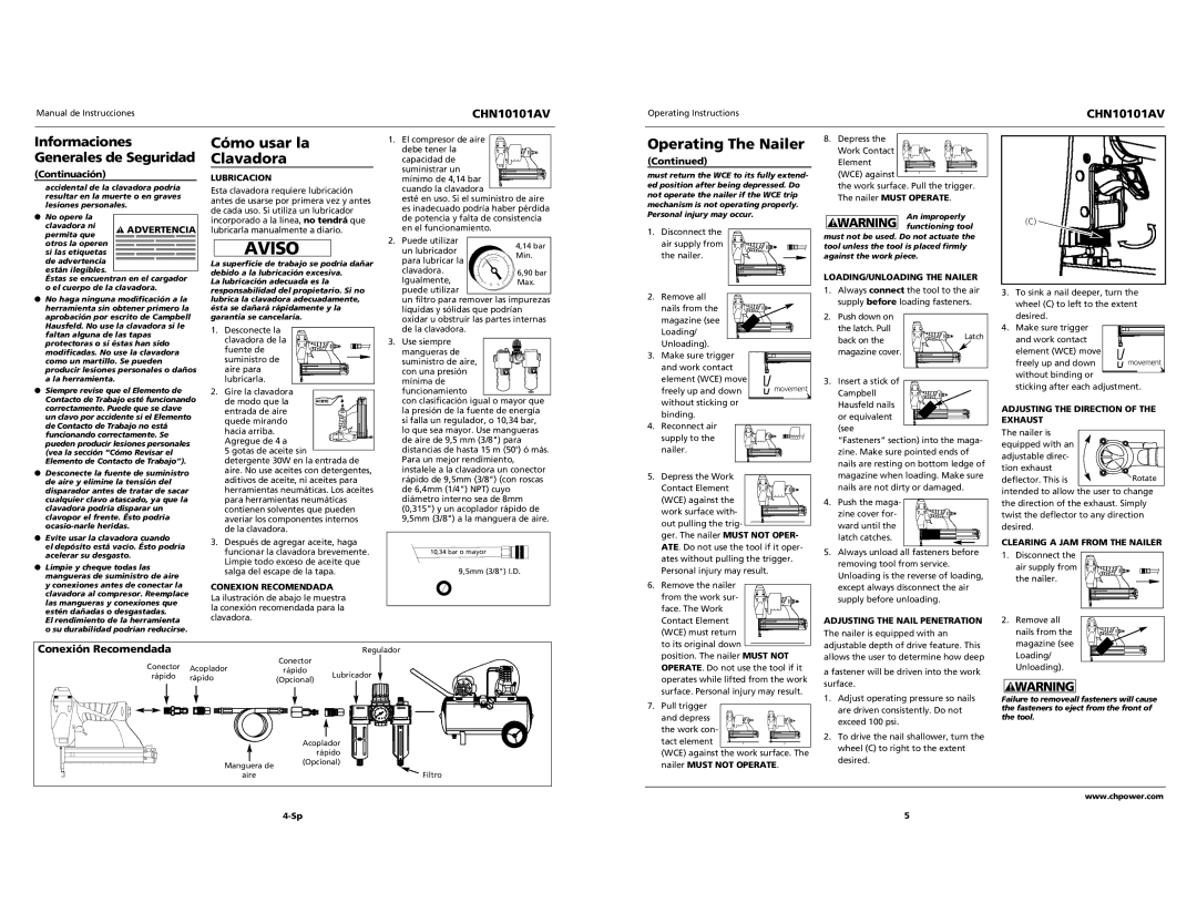 Campbell Hausfeld CHN10101AV specifications Cómo usar la Clavadora, Conexión Recomendada, Continuación 